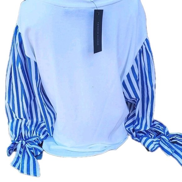 RTL $69 Tommy Hilfiger Long Blue Striped Puffy Sleeve White 100% Cotton SzL Top - Picture 2 of 9